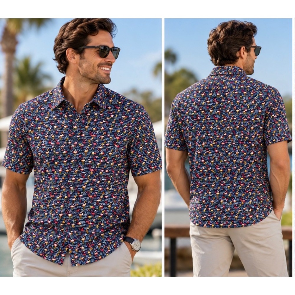 Johnston & Murphy Mens XL Flamingo Print Cotton Short Sleeve Button Down Shirt